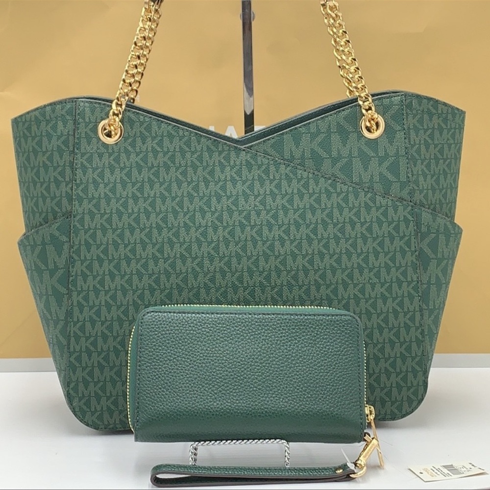 MICHAEL KORS LARGE X CHAIN SHOULDER TOTE & LG FLAT MULTIFUNCTIONAL PHONE CASE - Picture 2 of 16